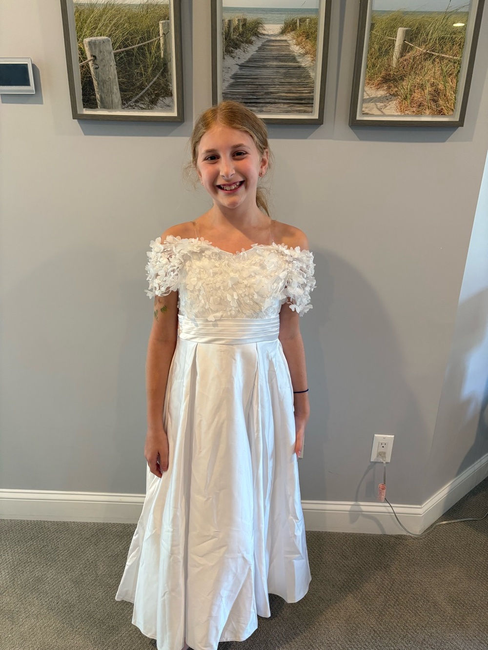 JJs House White Off-Shoulder Floral Appliqué Girls Formal Dress
